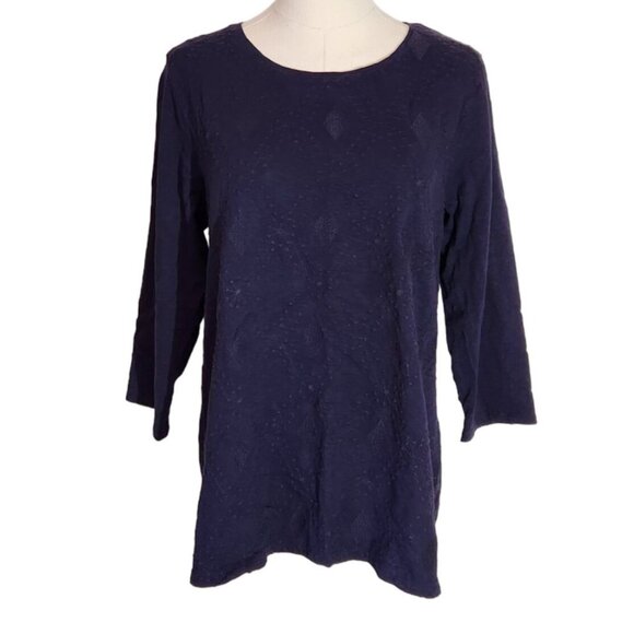 Talbots Navy Embroidered 100% Cotton 3/4 Sleeve Knit Top Women's Size L - Picture 5 of 14